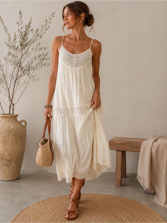 Touché balnéaire Dresses & Skirts - Touché balnéaire Spaghetti Strap Cream Maxi Dress Lace Insets boho cottage sz m